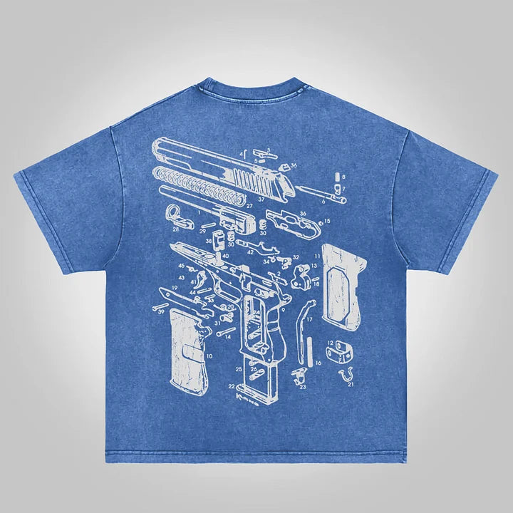 Love Peace Retro Deconstructed Gun Graphic Acid Wash T-shirt