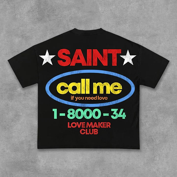 Vintage Saint Call Me If You Need Love Graphic Short T-Shirt