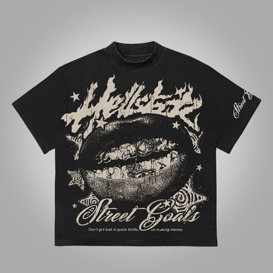 Hellstar Street Goals Lip Braces Make Vintage Printed Graphics Cotton T-Shirt