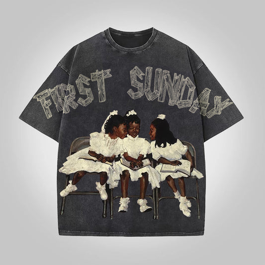 First Sunday Retro Graphic Print Acid Washed T-Shirt