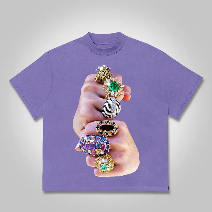 Finger Graffiti Diamond Ring Print Cotton T-shirt