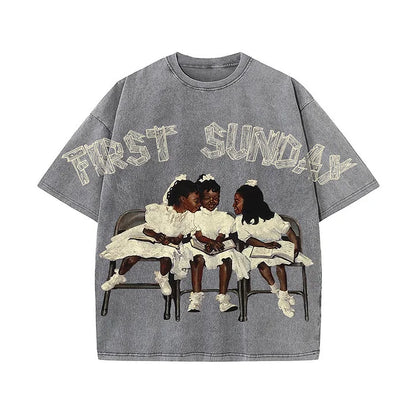 First Sunday Retro Graphic Print Acid Washed T-Shirt