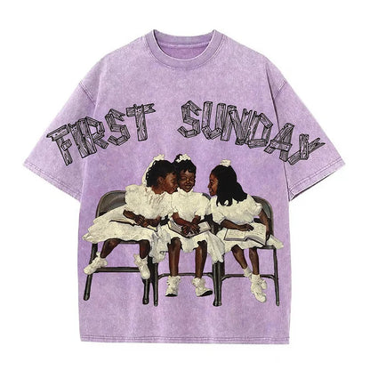 First Sunday Retro Graphic Print Acid Washed T-Shirt