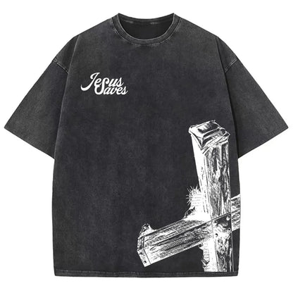 Vintage Casual Jesus Saves Graphic Acid Washed T-Shirt