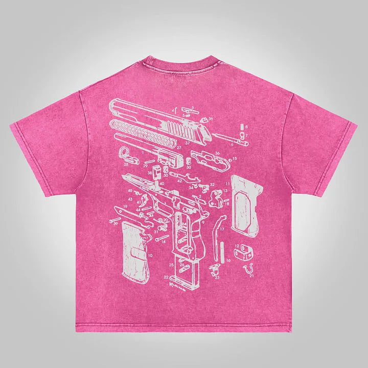 Love Peace Retro Deconstructed Gun Graphic Acid Wash T-shirt