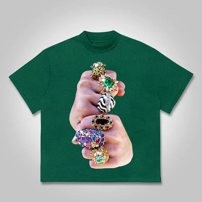 Finger Graffiti Diamond Ring Print Cotton T-shirt