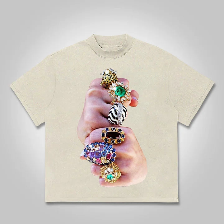 Finger Graffiti Diamond Ring Print Cotton T-shirt