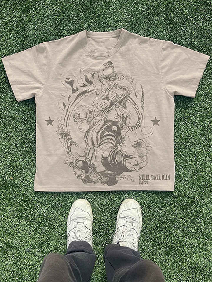 Steel Ball Run Print Graphic Gray T-Shirt