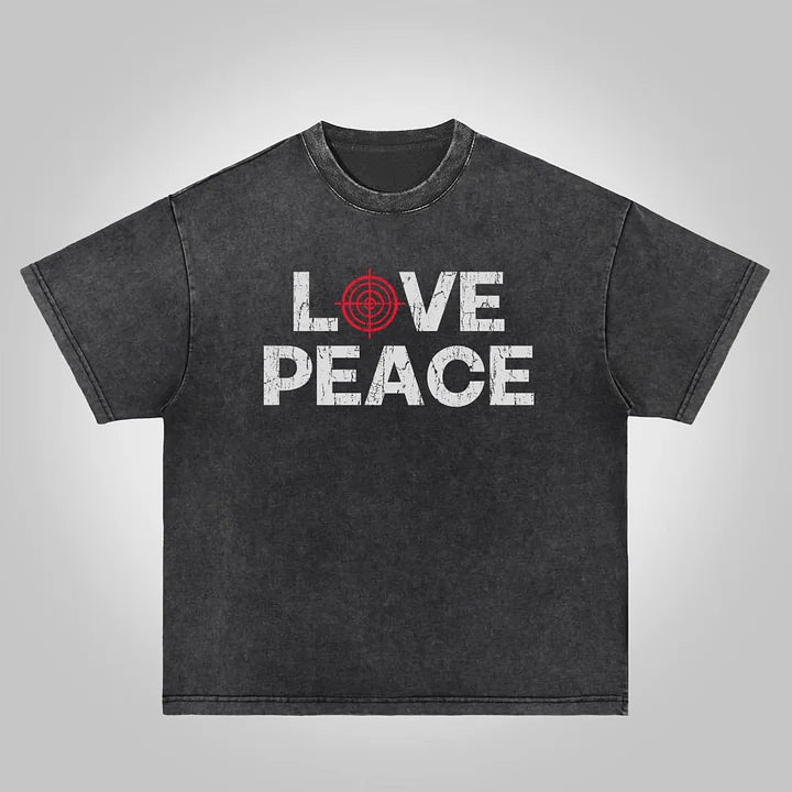 Love Peace Retro Deconstructed Gun Graphic Acid Wash T-shirt