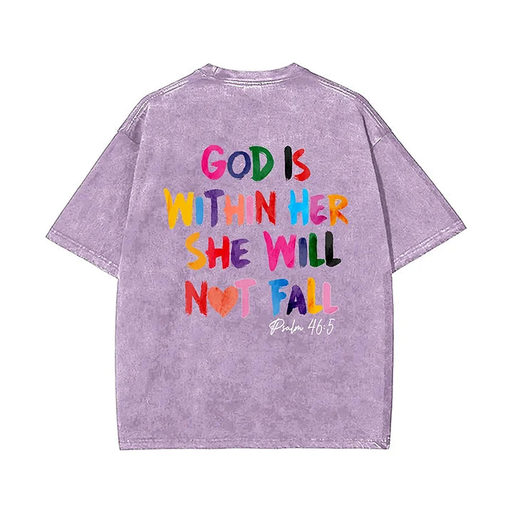 God Is Within Her She Will Not Fall Printed Washed T-Shirt