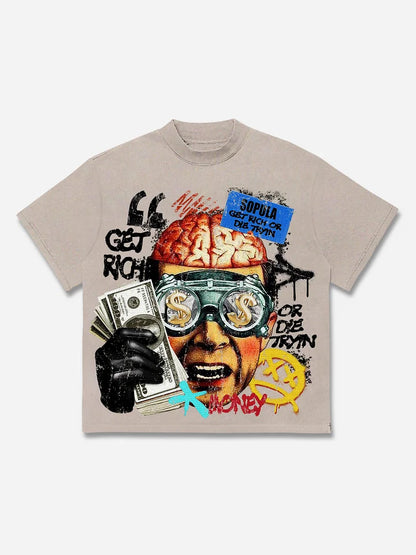 Vintage Get Rich Money Portrait Print Cotton T-shirt