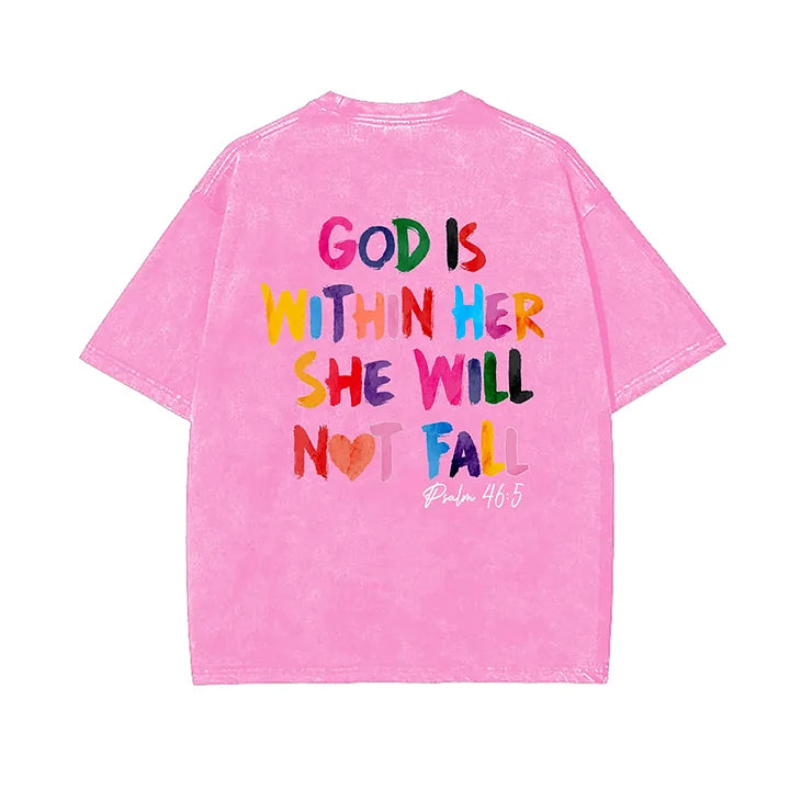 God Is Within Her She Will Not Fall Printed Washed T-Shirt