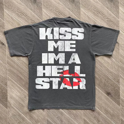 Vintage Kiss Me In Hell Star Graphic Cotton T-Shirt