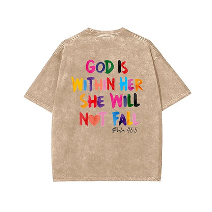 God Is Within Her She Will Not Fall Printed Washed T-Shirt